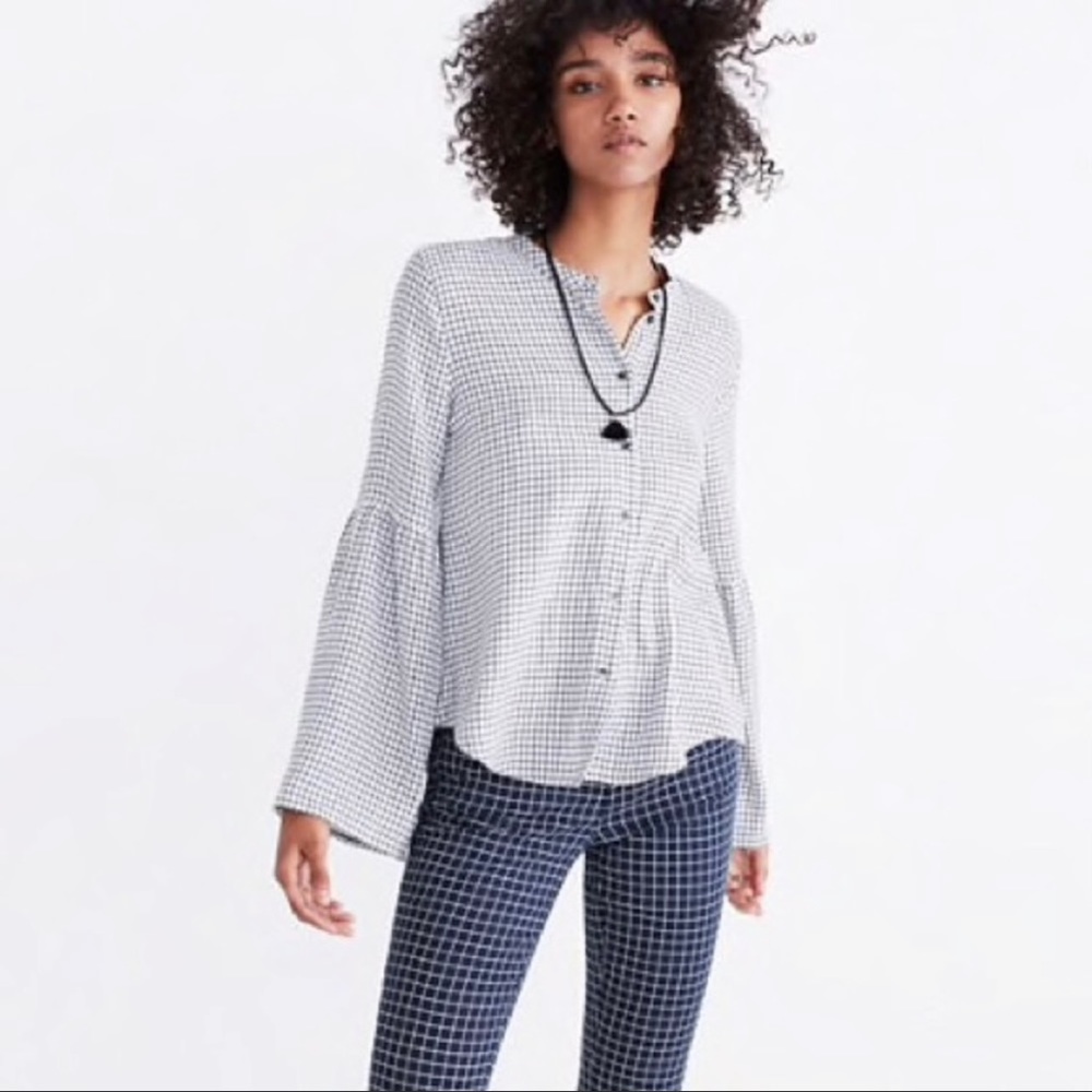 MADEWELL Button Down Windowpane Bell Sleeve Shirt Size XXS